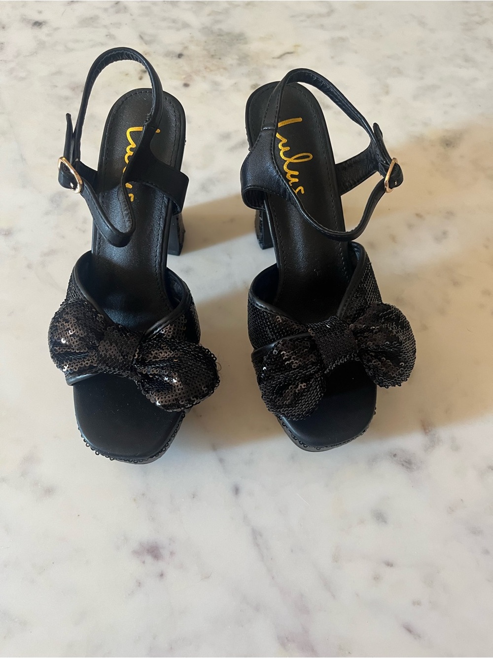 Lulu's Black Sequin Bow Slingback Sandals